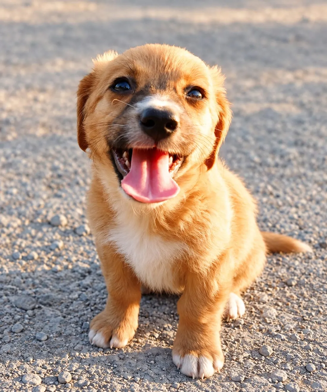 A puppy sitting on a gravel road, tongue out, looking into the camera