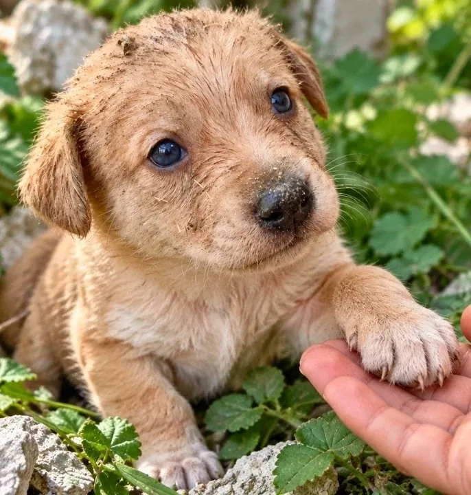 Keanu as a small puppy, resting his paw on a person's hand