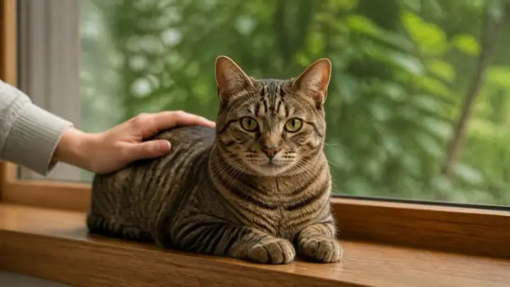 A tabby cat with green eyes lies on a wooden windowsill while a person's hand strokes its back.