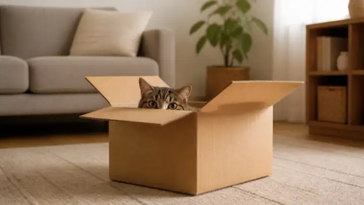 A tabby cat peeks over the edge of an open cardboard box in a calm living room.