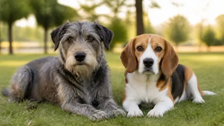 A shaggy gray dog and a smooth-coated tricolor dog lie side by side on a lawn with trees in the background.