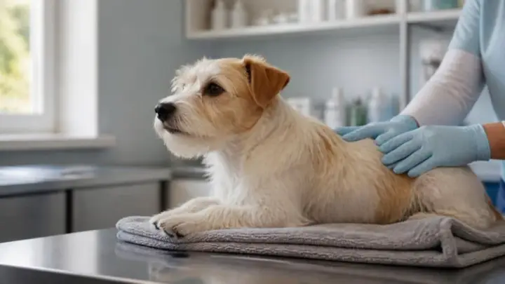 A scruffy tan and white dog lies on a towel on a clinic exam table while gloved hands rest on its back.