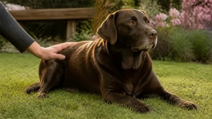 Um cão marrom de focinho grisalho está deitado no gramado de um jardim enquanto a mão de uma pessoa repousa sobre as costas dele.