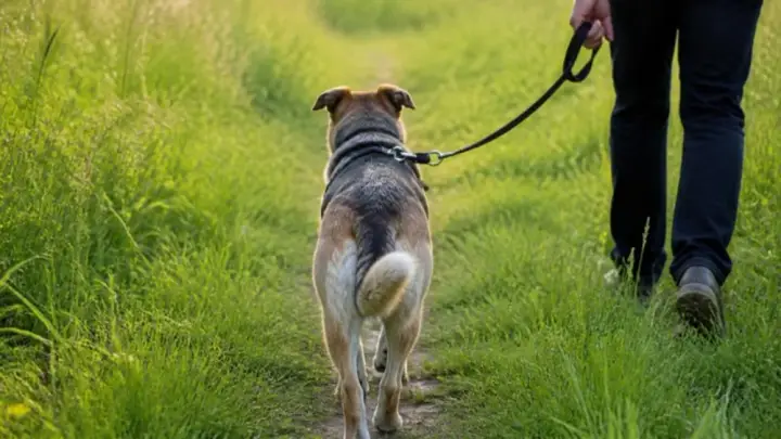 A dog on a leash, seen from behind, walks beside a person along a narrow path through tall green grass.