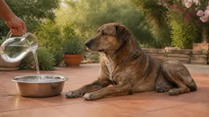 A brindle dog lies on a tiled patio while a hand pours water from a glass pitcher into a metal bowl.