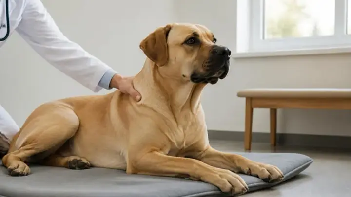 Un perro grande de color canela está acostado sobre una colchoneta gris mientras una persona con bata blanca y estetoscopio le apoya una mano en el hombro.