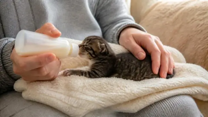 A person in a gray sweater bottle-feeds a tiny tabby kitten lying on its belly on a cream towel.