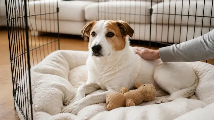 A white and tan dog lies on a fluffy bed inside a wire pen beside a plush toy while a person strokes its back.