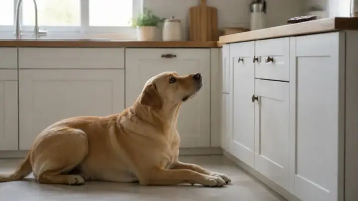 A yellow dog lies on a bright kitchen floor, looking up toward the countertop.
