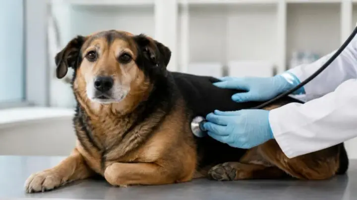 Ein schwarz-lohfarbener Hund liegt auf einem Behandlungstisch, während ein Tierarzt mit blauen Handschuhen ihm ein Stethoskop an die Seite hält.