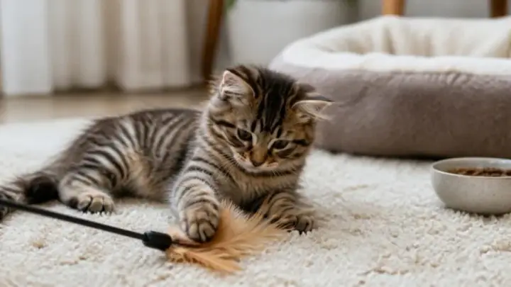 A tabby kitten on a fluffy rug paws at a feather wand toy, with a cat bed and a food bowl behind it.