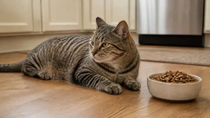 A tabby cat lies on a wooden kitchen floor next to a full bowl of dry food, looking away from it.