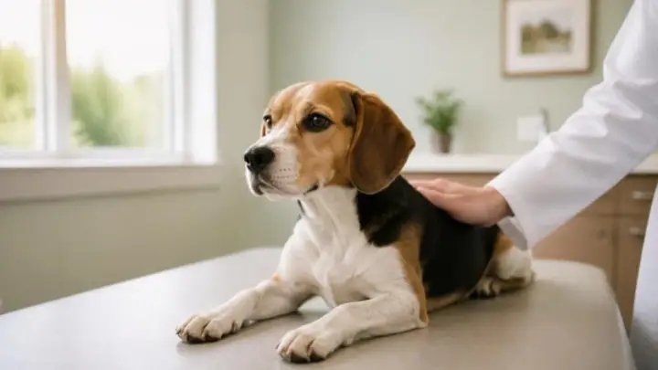 Ein dreifarbiger Hund mit langen Ohren liegt auf einem Untersuchungstisch, während die Hand einer Person im weißen Kittel auf seinem Rücken ruht.