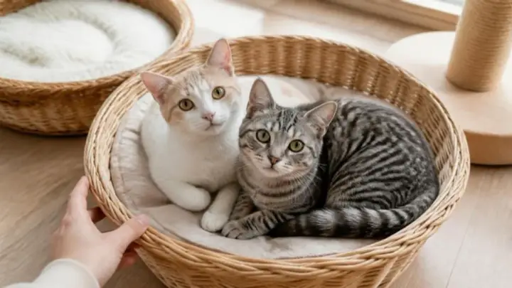 A cream-and-white cat and a gray tabby cat lie close together in a wicker basket while a hand rests on its rim.