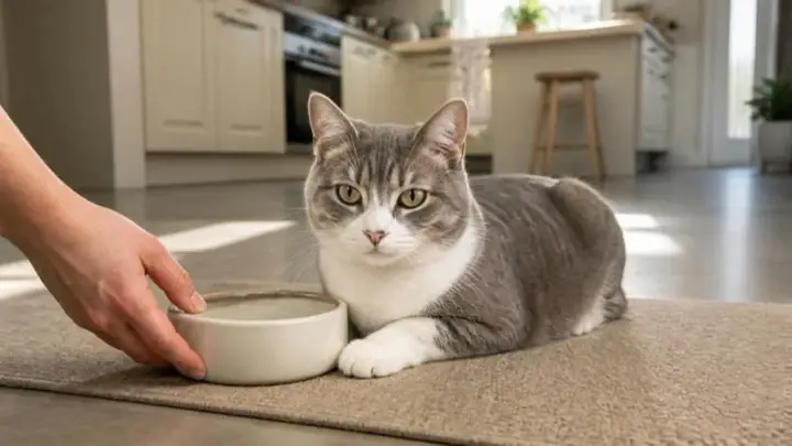 Un chat gris et blanc est allongé sur un tapis dans une cuisine, tandis que la main d’une personne pose un bol blanc devant lui.