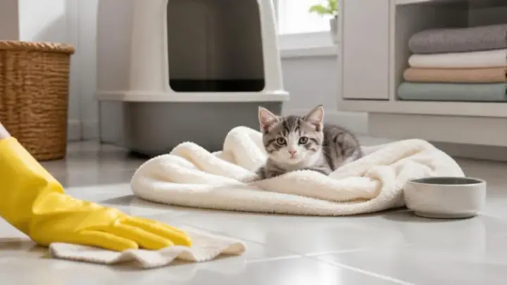 A gray tabby kitten rests on a white blanket as a hand in a yellow glove wipes the tiled floor near a litter box.
