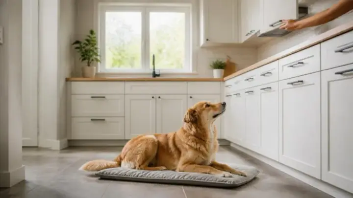 A golden-coated dog lies on a mat on a kitchen floor and looks up as a person reaches for an upper cupboard.