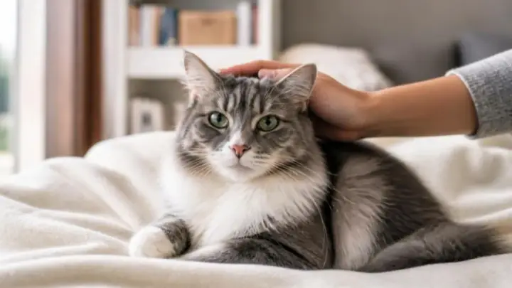 Eine grau-weiße Katze mit grünen Augen liegt auf einer weißen Decke, während die Hand eines Menschen ihr den Kopf streichelt.