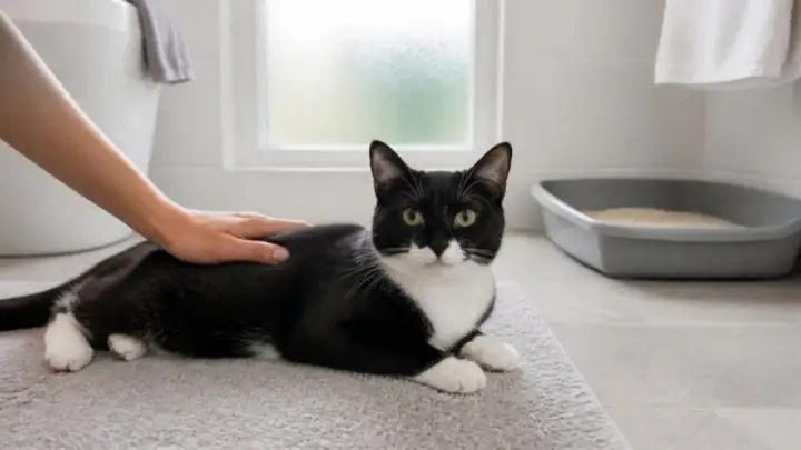 A black and white cat lies on a gray bath mat while a person strokes its back, with a litter box behind it.