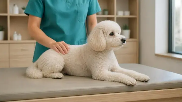 Um cão branco de pelo cacheado está deitado sobre uma mesa de exame enquanto uma pessoa de pijama cirúrgico azul-petróleo apoia a mão nas costas dele.
