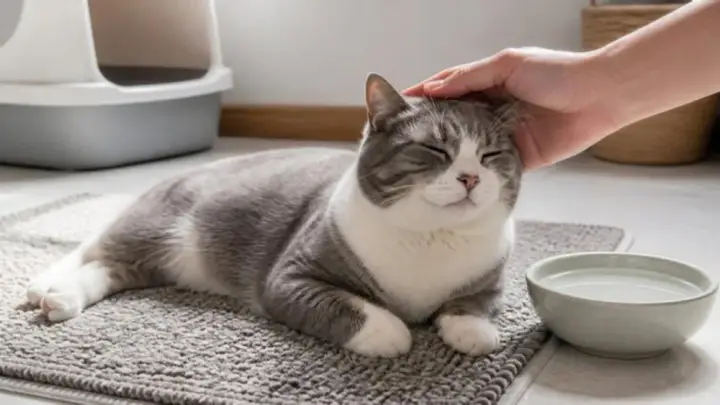 A gray and white cat lies on a mat with its eyes closed as a hand strokes its head, beside a water bowl and a litter box.