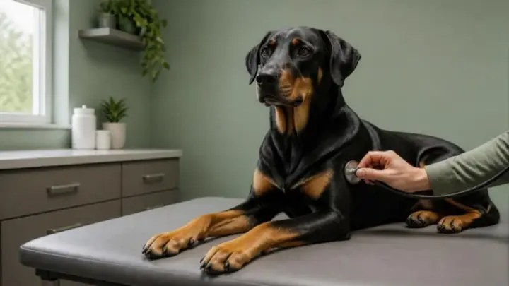 A large black and tan dog lies on an exam table while a hand holds a stethoscope to its chest.