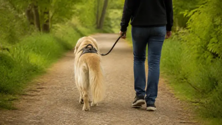 A light-colored dog on a harness and leash walks beside a person, seen from behind, along a green park path.