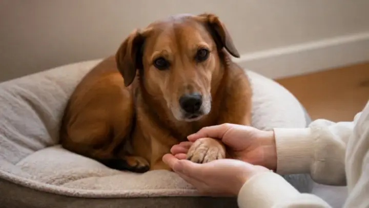 A brown dog lies in a round bed while a person gently holds one of its front paws in both hands.