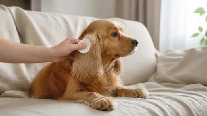 A golden long-eared dog lies on a sofa while a person's hand holds a cotton pad against its ear.