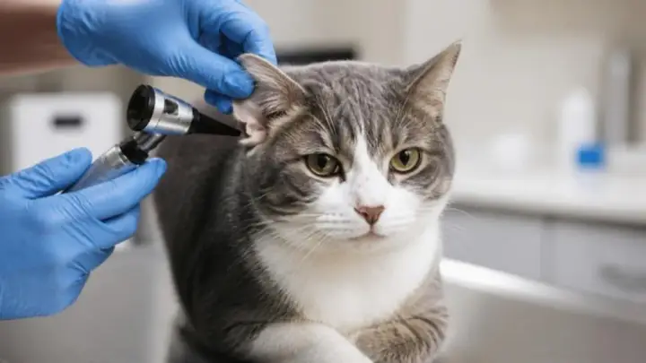 A gray and white cat sits on an exam table while gloved hands hold an otoscope to its ear.