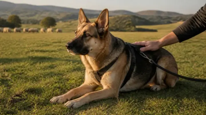 A large dog in a harness lies on grass with a person's hand on its back, and sheep graze in the distance.