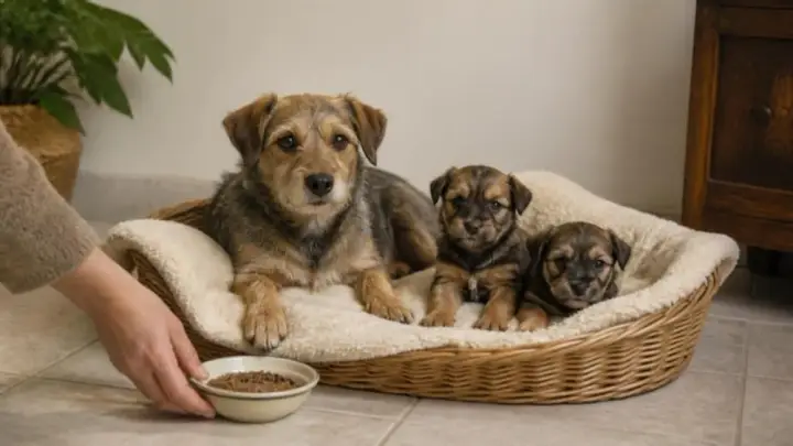 A scruffy brown dog lies with two puppies in a cushioned wicker basket as a hand sets a bowl of food in front of them.