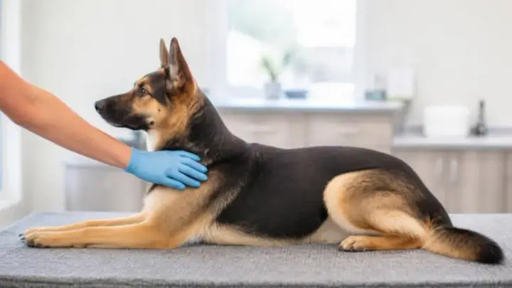A black and tan dog lies on a gray exam table in a clinic while a hand in a blue glove rests on its chest.