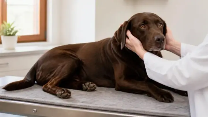 Un perro marrón oscuro está acostado en una mesa de exploración mientras una persona con bata blanca le sujeta la cabeza con ambas manos.