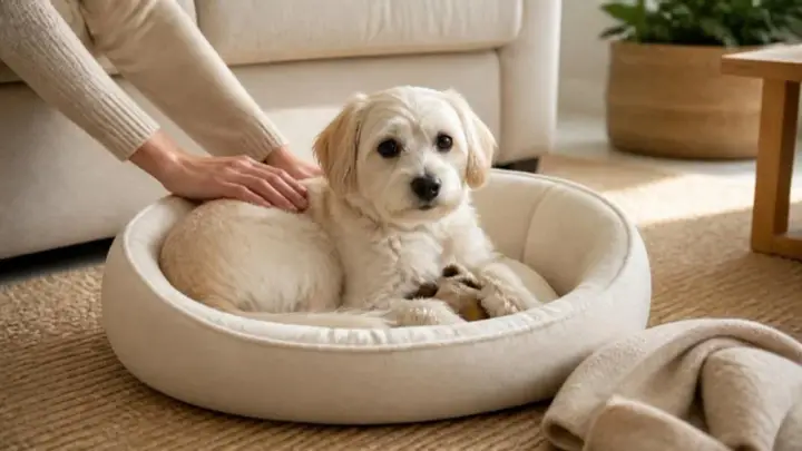 A small cream dog lies in a round dog bed with a soft toy between its paws while a person strokes its back.