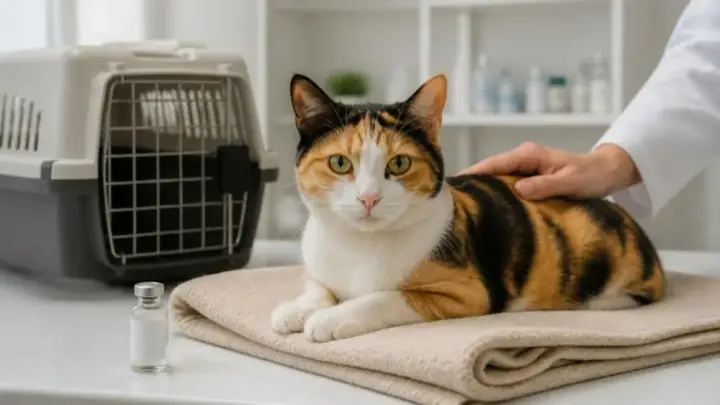 A calico cat lies on a towel on a clinic table beside a pet carrier and a small vial while a hand rests on its back.