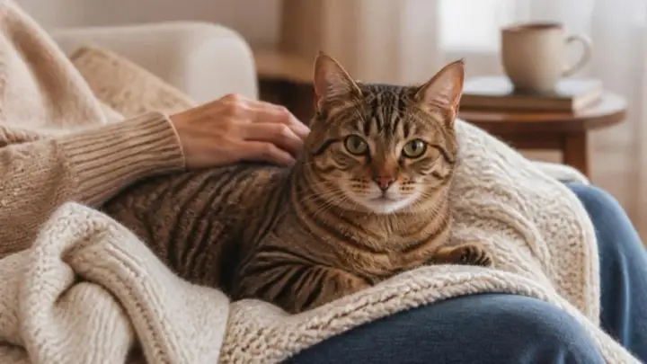 A tabby cat lies on a cream knitted blanket on a person's lap while a hand rests on its back.