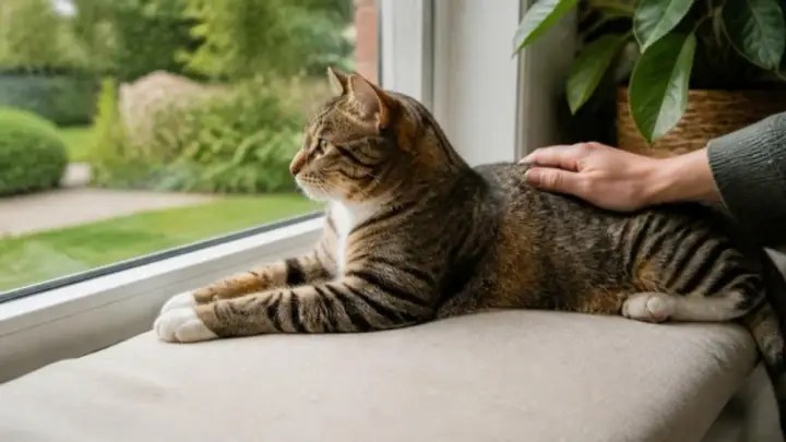 Un gatto tigrato è sdraiato su una panca imbottita sotto la finestra e guarda fuori verso un giardino, mentre la mano di una persona è appoggiata sulla sua schiena.