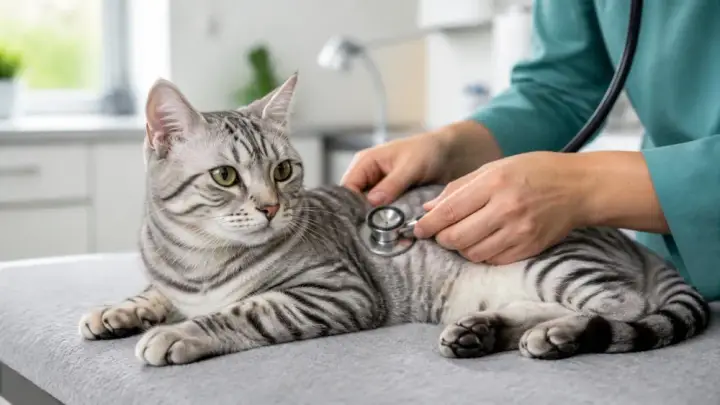 A silver tabby cat lies on an exam table while a person in teal scrubs holds a stethoscope to its side.