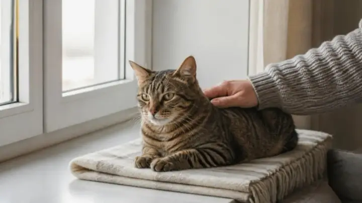 Un gato atigrado marrón descansa sobre una manta doblada en el alféizar de una ventana mientras una persona con un suéter gris le acaricia el lomo.