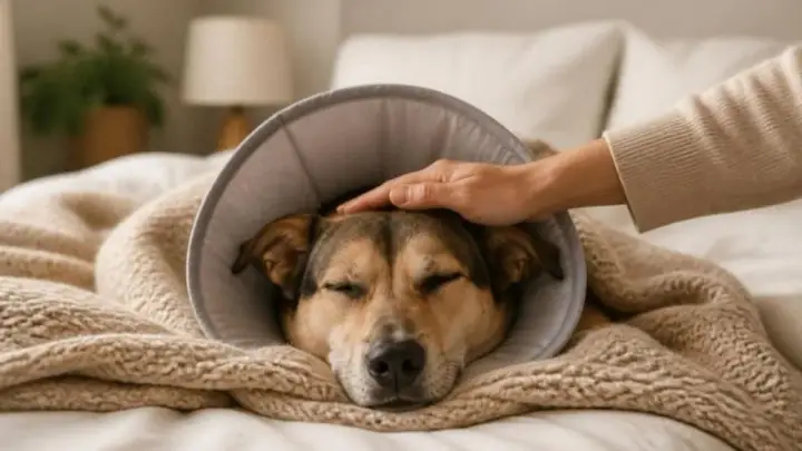 A dog wearing a soft gray cone sleeps under a knitted blanket on a bed while a hand strokes its head.