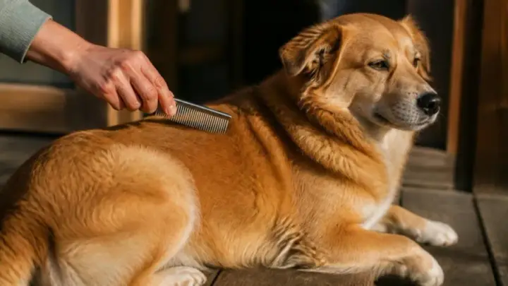 A golden-brown dog lies on wooden boards while a hand runs a metal comb through the fur on its back.