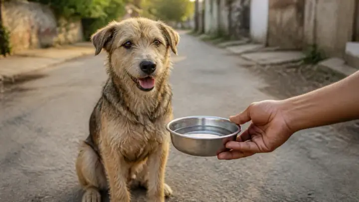 A scruffy tan dog sits on a quiet street while a hand holds out a metal bowl of water.