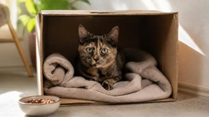 A tortoiseshell cat lies on a folded blanket inside a cardboard box turned on its side, with a bowl of food in front.