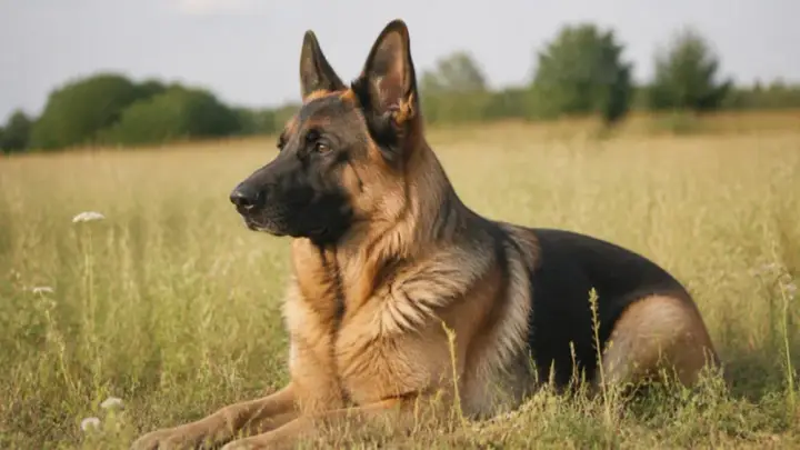 An adult black and tan German Shepherd lies alert in a sunny meadow, seen from the side.