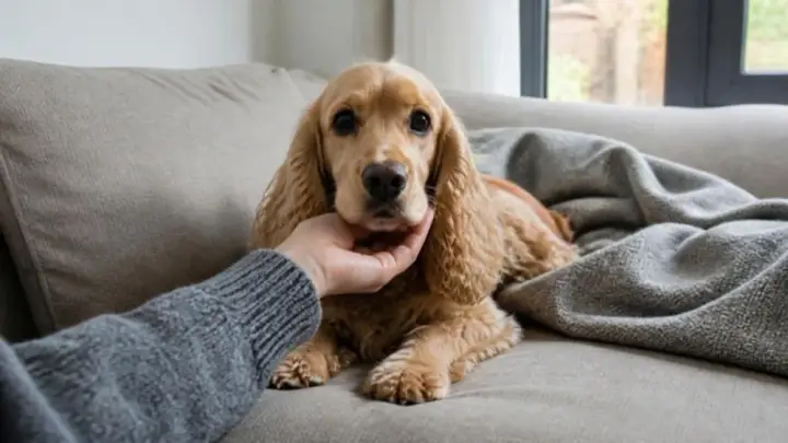 Ein goldbrauner Hund mit langen, welligen Ohren liegt auf einem grauen Sofa neben einer Decke, während eine Hand sanft sein Kinn hält.