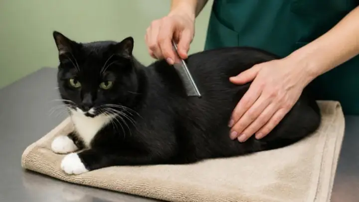 Un gato blanco y negro está tumbado sobre una toalla en una mesa metálica mientras una persona con uniforme quirúrgico verde le peina el lomo.