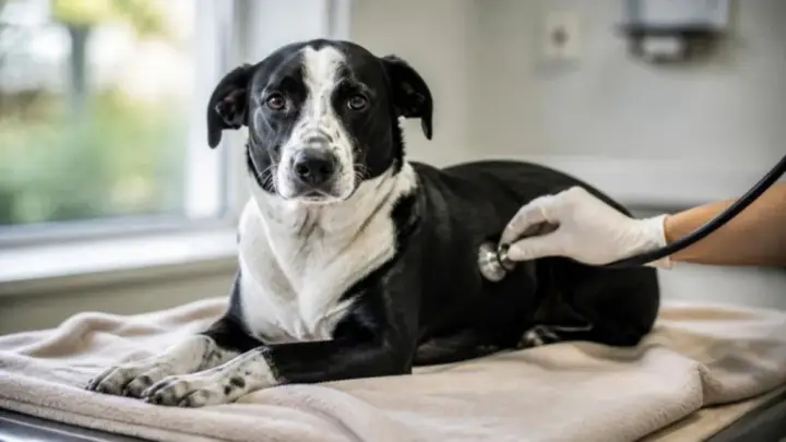 A black and white dog lies on a towel on an exam table while a gloved hand holds a stethoscope to its side.