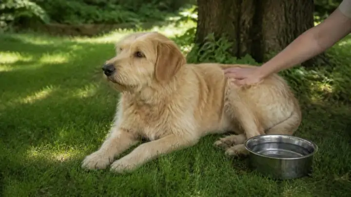 A shaggy tan dog lies on grass in the shade of a tree with a metal water bowl beside it and a hand on its back.