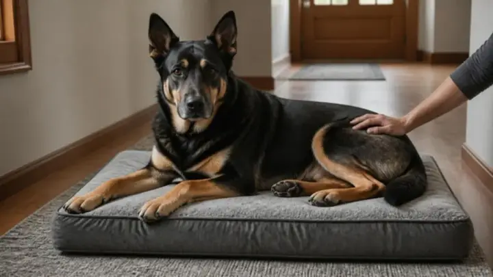 A large black and tan dog lies on a thick gray dog bed in a hallway while a person's hand rests on its back.
